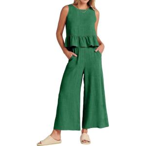 imageCHARTOU Summer Two Piece Outfits for Women Sleeveless Tank Crop Top Cami Shirt Beach Pants Matching SetsGreen