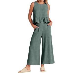 imageCHARTOU Summer Two Piece Outfits for Women Sleeveless Tank Crop Top Cami Shirt Beach Pants Matching SetsGreyish Blue