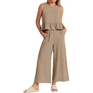 imageCHARTOU Summer Two Piece Outfits for Women Sleeveless Tank Crop Top Cami Shirt Beach Pants Matching SetsKhaki
