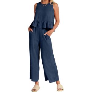 imageCHARTOU Summer Two Piece Outfits for Women Sleeveless Tank Crop Top Cami Shirt Beach Pants Matching SetsNavy