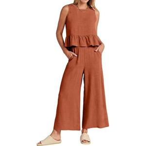 imageCHARTOU Summer Two Piece Outfits for Women Sleeveless Tank Crop Top Cami Shirt Beach Pants Matching SetsOrange Red