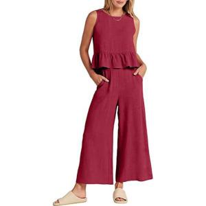 imageCHARTOU Summer Two Piece Outfits for Women Sleeveless Tank Crop Top Cami Shirt Beach Pants Matching SetsRed