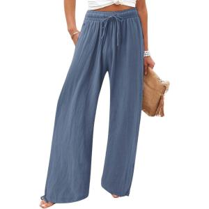imageCHARTOU Women Elastic Waist Pants Wide Leg Sweatpants Beach Palazzo Pants Loose Lightweight Summer Pants DrawstringBlue Grey