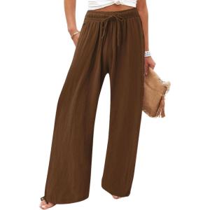 imageCHARTOU Women Elastic Waist Pants Wide Leg Sweatpants Beach Palazzo Pants Loose Lightweight Summer Pants DrawstringCoffee