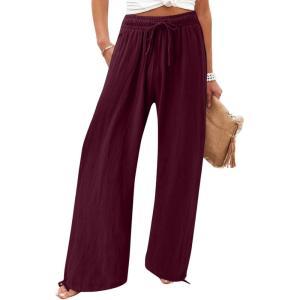 imageCHARTOU Women Elastic Waist Pants Wide Leg Sweatpants Beach Palazzo Pants Loose Lightweight Summer Pants DrawstringDark Red