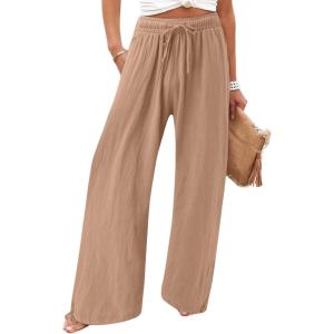 imageCHARTOU Women Elastic Waist Pants Wide Leg Sweatpants Beach Palazzo Pants Loose Lightweight Summer Pants DrawstringKhaki