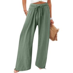imageCHARTOU Women Elastic Waist Pants Wide Leg Sweatpants Beach Palazzo Pants Loose Lightweight Summer Pants DrawstringLight Green