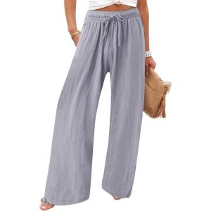 imageCHARTOU Women Elastic Waist Pants Wide Leg Sweatpants Beach Palazzo Pants Loose Lightweight Summer Pants DrawstringLight Grey