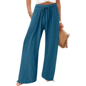 imageCHARTOU Women Elastic Waist Pants Wide Leg Sweatpants Beach Palazzo Pants Loose Lightweight Summer Pants DrawstringPeacock Blue
