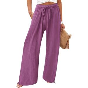 imageCHARTOU Women Elastic Waist Pants Wide Leg Sweatpants Beach Palazzo Pants Loose Lightweight Summer Pants DrawstringViolet