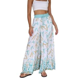 imageCHARTOU Womens Summer Drawstring High Waist Floral Print Flowy Palazzo Beach PantsWhite