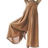 imageCHARTOU Women Loose Linen Wide Leg Jumpsuit One Piece Spaghetti Strap Palazzo Pants Long Romper Elastic BeachKhaki
