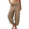 imageCHARTOU Women Palazzo Pants Baggy Wide Leg Sweatpants Harem Pants Summer Elastic Waist Beach Flowy Lounge PantsCamel