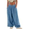 imageCHARTOU Womens Casual High Rise Wide Leg Palazzo Pants Baggy Elastic Waist Drawstring Beach Cargo PantsBlue