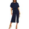 imageCHARTOU Womens Short Sleeve Bow Tie Wide Leg Cropped Capri Romper Palazzo Pants JumpsuitNavy