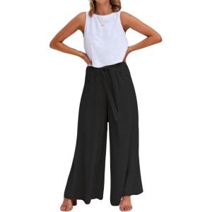 imageCHARTOU Summer Casual Wide Leg Linen Pants for Women Palazzo Pants Flowy Beach Pants Boho Tie Knot SweatpantsBlack