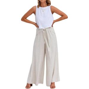 imageCHARTOU Summer Casual Wide Leg Linen Pants for Women Palazzo Pants Flowy Beach Pants Boho Tie Knot SweatpantsOffwhite