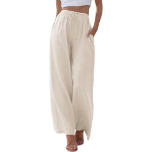 imageCHARTOU Summer Palazzo Pants for Women Wide Leg Linen Pants Casual Beach Cover Up Pants Drawstring Lounge PantsBeige