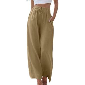 imageCHARTOU Summer Palazzo Pants for Women Wide Leg Linen Pants Casual Beach Cover Up Pants Drawstring Lounge PantsCamel