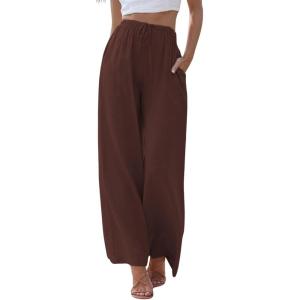 imageCHARTOU Summer Palazzo Pants for Women Wide Leg Linen Pants Casual Beach Cover Up Pants Drawstring Lounge PantsCoffee