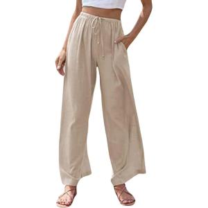 imageCHARTOU Summer Palazzo Pants for Women Wide Leg Linen Pants Casual Beach Cover Up Pants Drawstring Lounge PantsKhaki