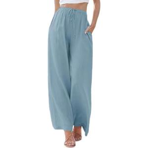 imageCHARTOU Summer Palazzo Pants for Women Wide Leg Linen Pants Casual Beach Cover Up Pants Drawstring Lounge PantsLight Blue