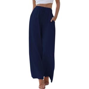 imageCHARTOU Summer Palazzo Pants for Women Wide Leg Linen Pants Casual Beach Cover Up Pants Drawstring Lounge PantsNavy