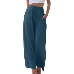 imageCHARTOU Summer Palazzo Pants for Women Wide Leg Linen Pants Casual Beach Cover Up Pants Drawstring Lounge PantsNavyblue