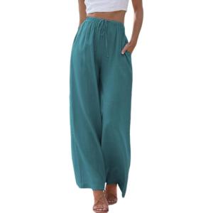 imageCHARTOU Summer Palazzo Pants for Women Wide Leg Linen Pants Casual Beach Cover Up Pants Drawstring Lounge PantsPeacock Blue