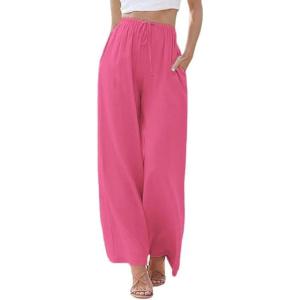 imageCHARTOU Summer Palazzo Pants for Women Wide Leg Linen Pants Casual Beach Cover Up Pants Drawstring Lounge PantsPink