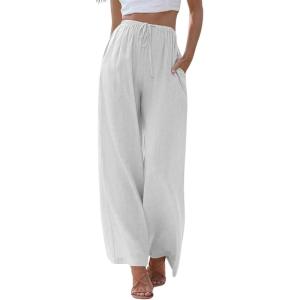 imageCHARTOU Summer Palazzo Pants for Women Wide Leg Linen Pants Casual Beach Cover Up Pants Drawstring Lounge PantsWhite