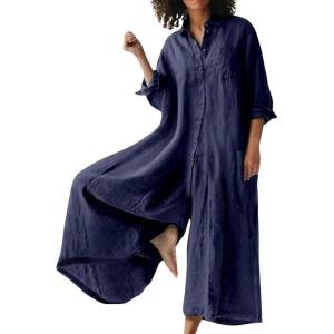imageCHARTOU Women Linen Button Down Long Sleeve Wide Leg Jumpsuit Beach Palazzo Pants One Piece JumpsuitDark Blue