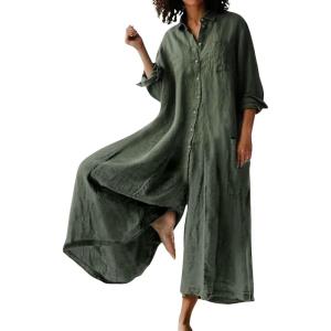 imageCHARTOU Women Linen Button Down Long Sleeve Wide Leg Jumpsuit Beach Palazzo Pants One Piece JumpsuitGreen