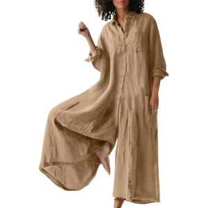 imageCHARTOU Women Linen Button Down Long Sleeve Wide Leg Jumpsuit Beach Palazzo Pants One Piece JumpsuitKhaki