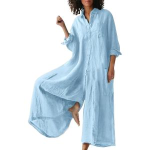 imageCHARTOU Women Linen Button Down Long Sleeve Wide Leg Jumpsuit Beach Palazzo Pants One Piece JumpsuitSky Blue