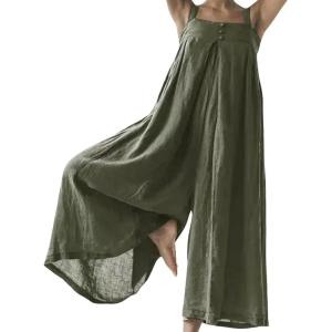 imageCHARTOU Women Loose Linen Wide Leg Jumpsuit One Piece Spaghetti Strap Palazzo Pants Long Romper Elastic BeachArmygreen