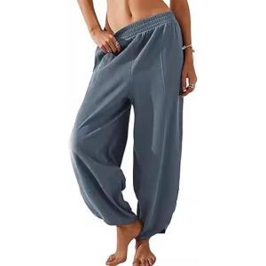 imageCHARTOU Women Palazzo Pants Baggy Wide Leg Sweatpants Harem Pants Summer Elastic Waist Beach Flowy Lounge PantsDark Grey