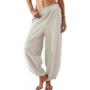imageCHARTOU Women Palazzo Pants Baggy Wide Leg Sweatpants Harem Pants Summer Elastic Waist Beach Flowy Lounge PantsOffwhite
