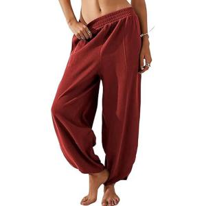 imageCHARTOU Women Palazzo Pants Baggy Wide Leg Sweatpants Harem Pants Summer Elastic Waist Beach Flowy Lounge PantsRed