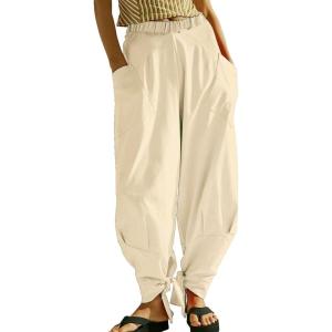imageCHARTOU Women Tapered Wide Leg Lounge Pants Summer Harem Pants Elastic Waist Slacks Beach Baggy Pants PocketsKhaki