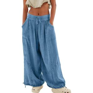 imageCHARTOU Womens Casual High Rise Wide Leg Palazzo Pants Baggy Elastic Waist Drawstring Beach Cargo PantsBlue