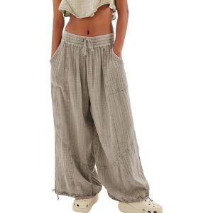 imageCHARTOU Womens Casual High Rise Wide Leg Palazzo Pants Baggy Elastic Waist Drawstring Beach Cargo PantsGrey