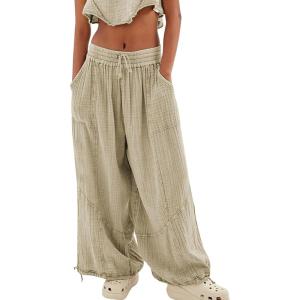 imageCHARTOU Womens Casual High Rise Wide Leg Palazzo Pants Baggy Elastic Waist Drawstring Beach Cargo PantsKhaki
