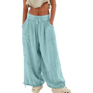 imageCHARTOU Womens Casual High Rise Wide Leg Palazzo Pants Baggy Elastic Waist Drawstring Beach Cargo PantsLight Blue