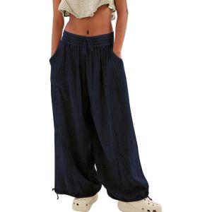 imageCHARTOU Womens Casual High Rise Wide Leg Palazzo Pants Baggy Elastic Waist Drawstring Beach Cargo PantsNavy