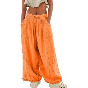 imageCHARTOU Womens Casual High Rise Wide Leg Palazzo Pants Baggy Elastic Waist Drawstring Beach Cargo PantsOrange