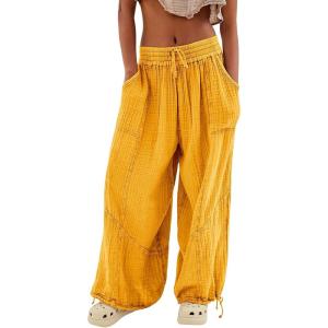 imageCHARTOU Womens Casual High Rise Wide Leg Palazzo Pants Baggy Elastic Waist Drawstring Beach Cargo PantsYellow
