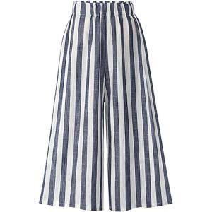 imageCHARTOU Womens Casual Striped HighWaist WideLeg Cotton Lightweight Palazzo Capri Culotte PantsBlue