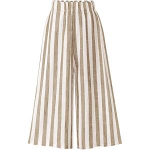 imageCHARTOU Womens Casual Striped HighWaist WideLeg Cotton Lightweight Palazzo Capri Culotte PantsKhaki