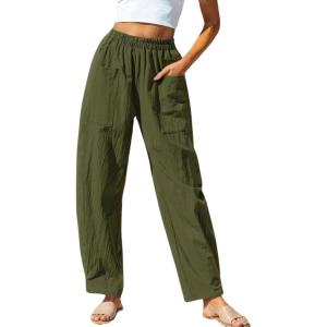 imageCHARTOU Womens Casual Thin Wide Leg Pants Baggy Elastic High Waisted Palazzo Pants Cargo Harem Beach PantsArmy Green